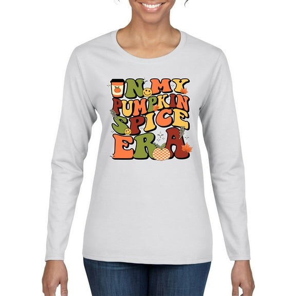 Wild Bobby In My Pumpkin Spice Era Groovy Letters Smiley Faces Thunderbolts Leaves Halloween Women Graphic Long Sleeve Tee, White, Small
