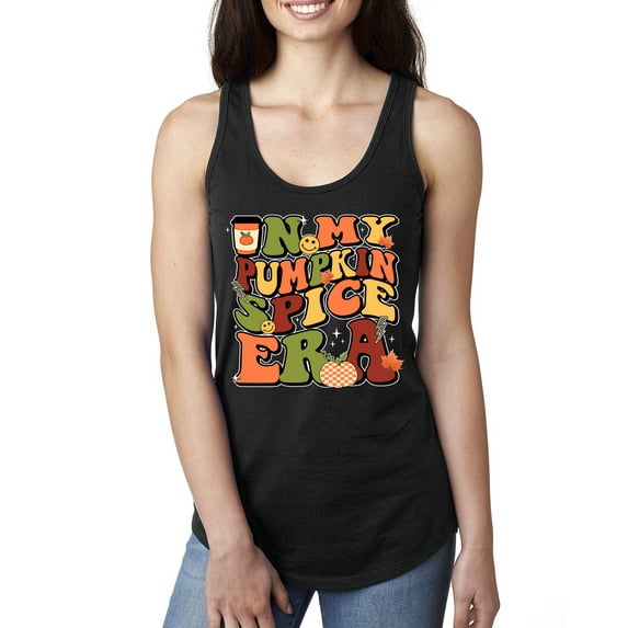 Wild Bobby In My Pumpkin Spice Era Groovy Letters Smiley Faces Thunderbolts Leaves Halloween Women Racerback Tank Top, Black, Small