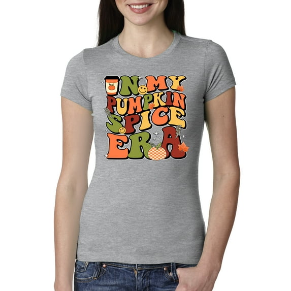 Wild Bobby In My Pumpkin Spice Era Groovy Letters Smiley Faces Thunderbolts Leaves Halloween Women Slim Fit Junior Tee, Heather Grey, Small