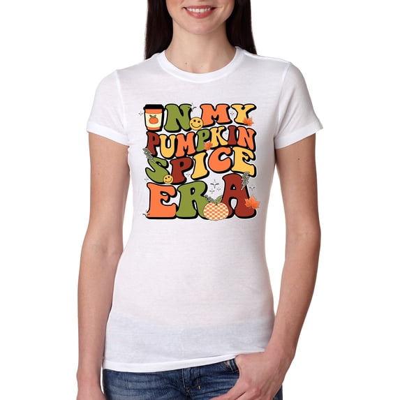 Wild Bobby In My Pumpkin Spice Era Groovy Letters Smiley Faces Thunderbolts Leaves Halloween Women Slim Fit Junior Tee, White, XX-Large