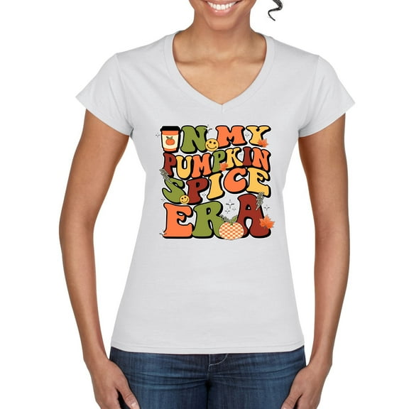Wild Bobby In My Pumpkin Spice Era Groovy Letters Smiley Faces Thunderbolts Leaves Halloween Women Standard V-Neck Tee, White, Medium