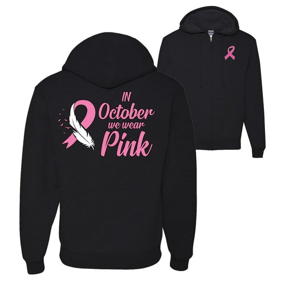 Wild Bobby, In October We Wear Pink, Breast Cancer Awareness, Front and Back Graphic Zip Up Hoodie Sweatshirt, Black, Small