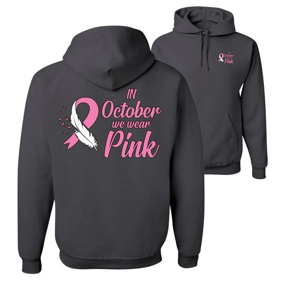 Wild Bobby, In October We Wear Pink, Breast Cancer Awareness, Front and Back Unisex Graphic Hoodie Sweatshirt, Charcoal, Large