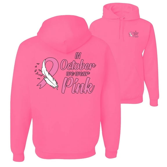 Wild Bobby, In October We Wear Pink, Breast Cancer Awareness, Front and Back Unisex Graphic Hoodie Sweatshirt, Neon Pink, Medium