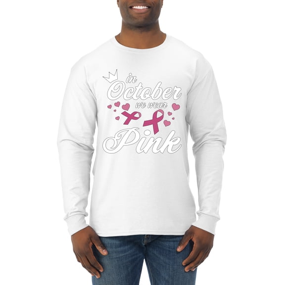 Wild Bobby In October We Wear Pink Crown Breast Cancer Awareness Men Long Sleeve Shirt, White, Medium
