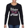 thumbnail image 1 of Wild Bobby In October We Wear Pink Crown Breast Cancer Awareness Women Graphic Long Sleeve Tee, Black, Small, 1 of 6