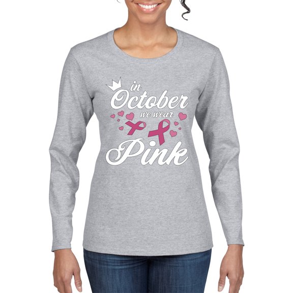 Wild Bobby In October We Wear Pink Crown Breast Cancer Awareness Women Graphic Long Sleeve Tee, Heather Grey, Small