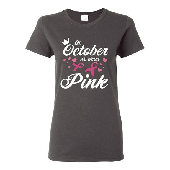 Wild Bobby In October We Wear Pink Crown Breast Cancer Awareness Women Graphic Tee, Charcoal, XX-Large