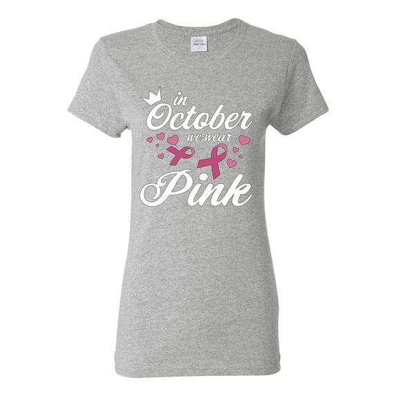 Wild Bobby In October We Wear Pink Crown Breast Cancer Awareness Women Graphic Tee, Heather Grey, Large