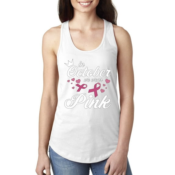Wild Bobby In October We Wear Pink Crown Breast Cancer Awareness Women Racerback Tank Top, White, X-Large