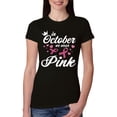 thumbnail image 1 of Wild Bobby In October We Wear Pink Crown Breast Cancer Awareness Women Slim Fit Junior Tee, Black, Small, 1 of 6