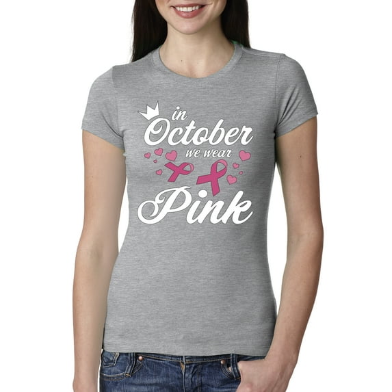 Wild Bobby In October We Wear Pink Crown Breast Cancer Awareness Women Slim Fit Junior Tee, Heather Grey, XX-Large