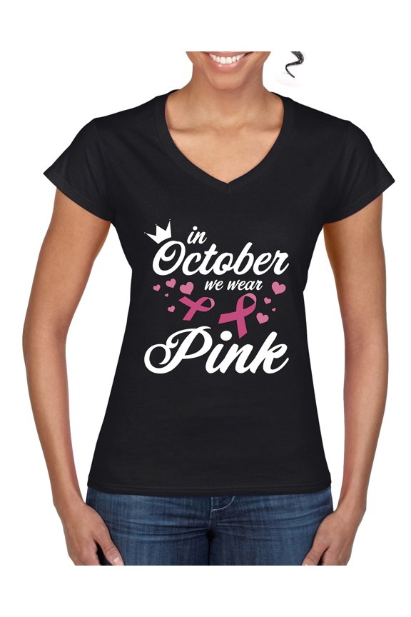 In October We Wear Pink Crown Breast Cancer Awareness Women Standard V-Neck Tee, Black, Medium