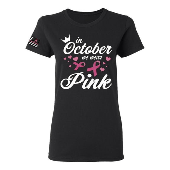 Wild Bobby In October We Wear Pink Crown US Flag Breast Cancer Awareness Women Graphic Tee, Black, XX-Large