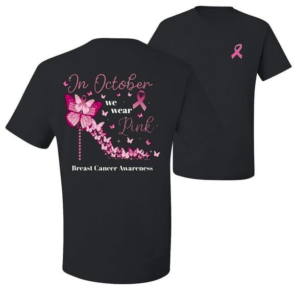 Wild Bobby In October We Wear Pink Diamond Heel Breast Cancer Awareness Front and Back Men's T-Shirt, Black, Large