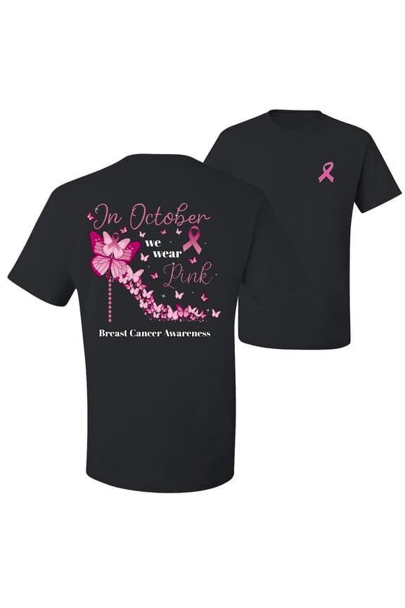 In October We Wear Pink Diamond Heel Breast Cancer Awareness Front and Back Men's T-Shirt, Black, Medium