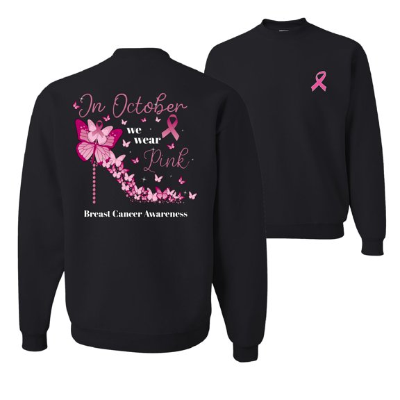Wild Bobby In October We Wear Pink Diamond Heel Breast Cancer Awareness Front and Back Unisex Crewneck Sweatshirt, Black, Small