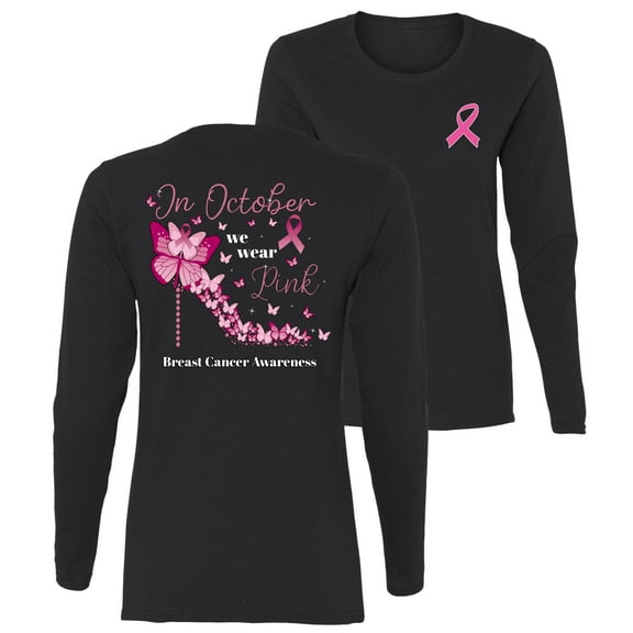 Wild Bobby In October We Wear Pink Diamond Heel Breast Cancer Awareness Front and Back Womens Graphic Long Sleeve T-Shirt, Black, Large