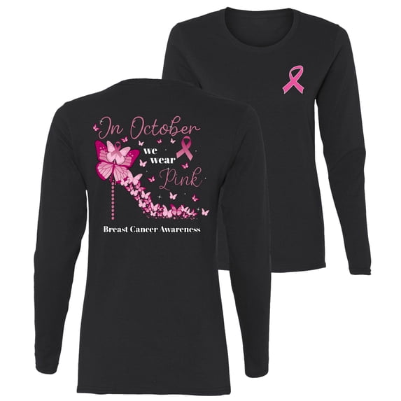 Wild Bobby In October We Wear Pink Diamond Heel Breast Cancer Awareness Front and Back Womens Graphic Long Sleeve T-Shirt, Black, Small