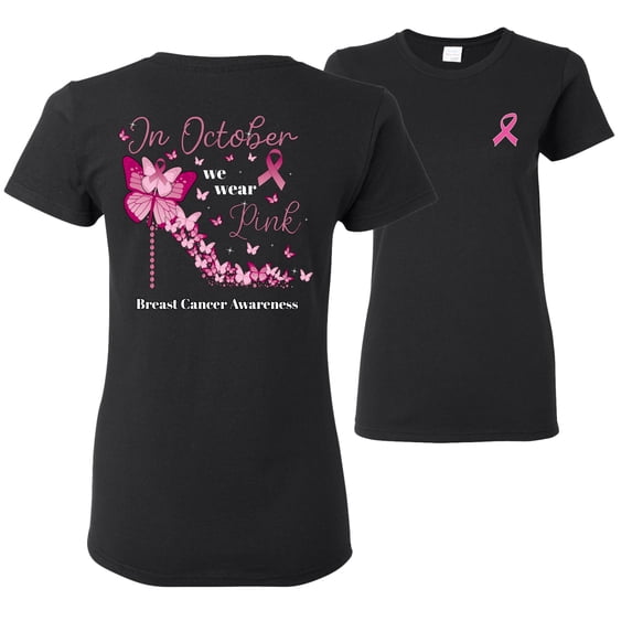Wild Bobby In October We Wear Pink Diamond Heel Breast Cancer Awareness Front and Back Womens Graphic T-Shirt, Black, Small