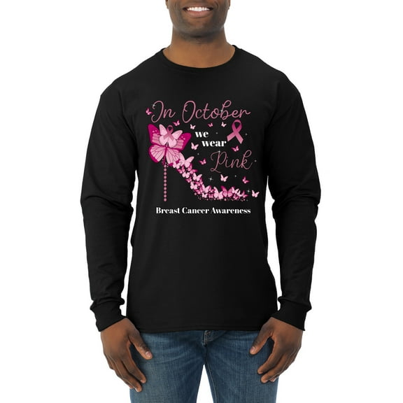 Wild Bobby In October We Wear Pink Diamond Heel Breast Cancer Awareness Men Long Sleeve Shirt, Black, Medium