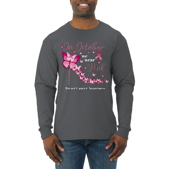 Wild Bobby In October We Wear Pink Diamond Heel Breast Cancer Awareness Men Long Sleeve Shirt, Charcoal, 3X-Large