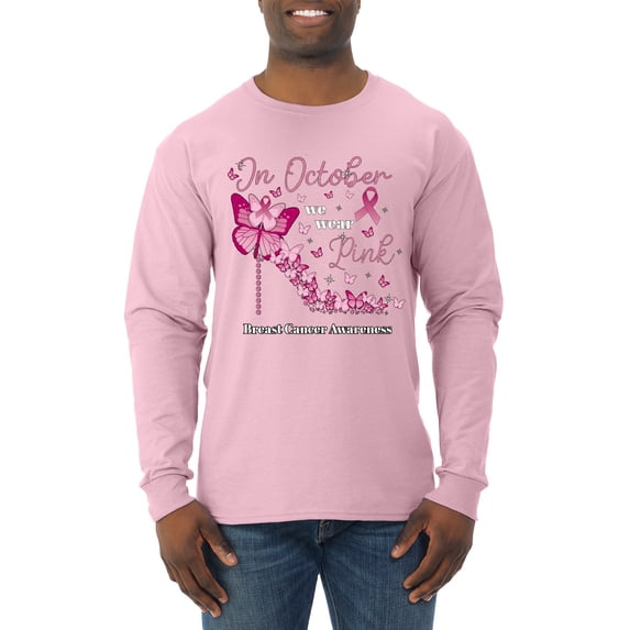 Wild Bobby In October We Wear Pink Diamond Heel Breast Cancer Awareness Men Long Sleeve Shirt, Light Pink, 3X-Large