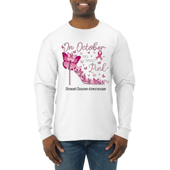 Wild Bobby In October We Wear Pink Diamond Heel Breast Cancer Awareness Men Long Sleeve Shirt, White, 3X-Large
