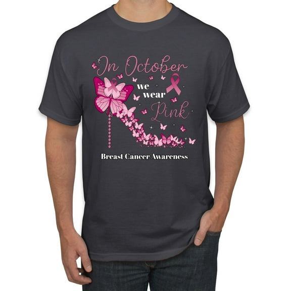 Wild Bobby In October We Wear Pink Diamond Heel Breast Cancer Awareness Men Tee, Charcoal, 3X-Large