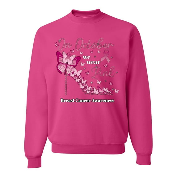 Wild Bobby In October We Wear Pink Diamond Heel Breast Cancer Awareness Unisex Crewneck Sweatshirt, Fuschia, Small