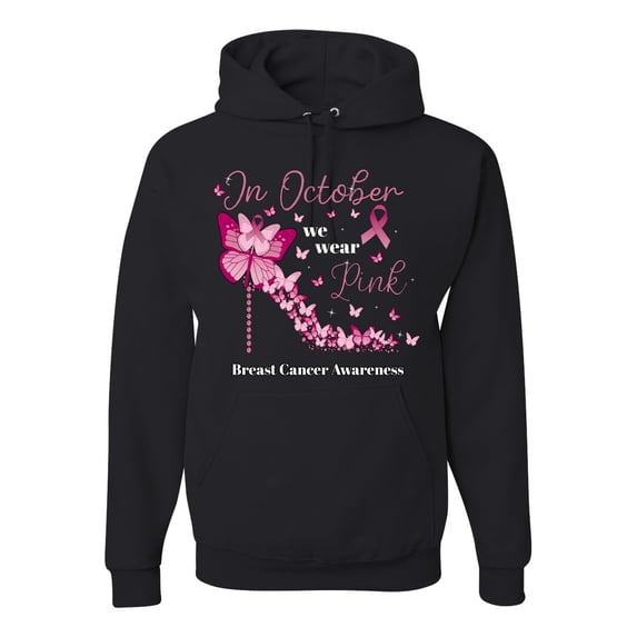 Wild Bobby In October We Wear Pink Diamond Heel Breast Cancer Awareness Unisex Hoodie Sweatshirt, Black, X-Large