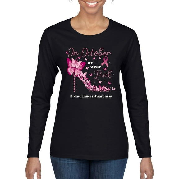 Wild Bobby In October We Wear Pink Diamond Heel Breast Cancer Awareness Women Graphic Long Sleeve Tee, Black, Small