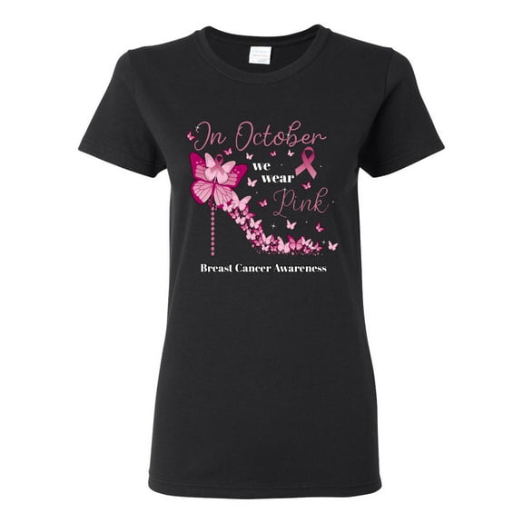 Wild Bobby In October We Wear Pink Diamond Heel Breast Cancer Awareness Women Graphic Tee, Black, Large