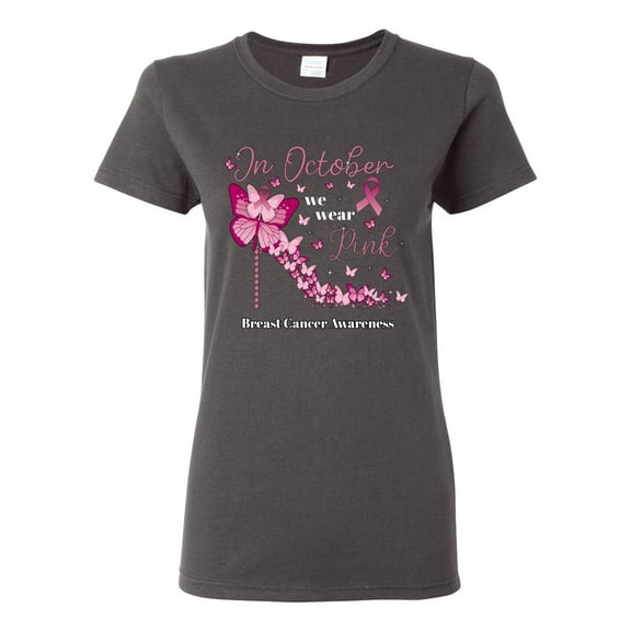 Wild Bobby In October We Wear Pink Diamond Heel Breast Cancer Awareness Women Graphic Tee, Charcoal, Medium