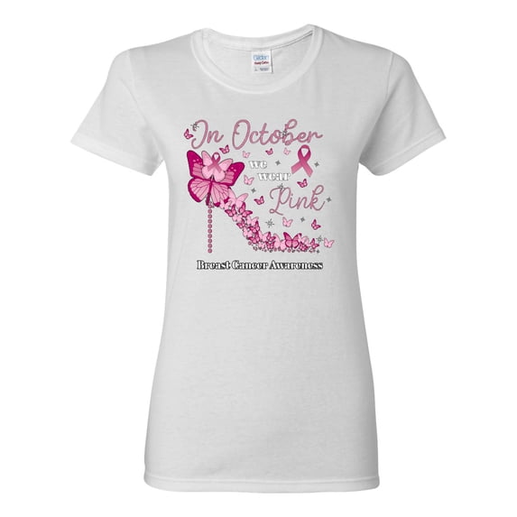 Wild Bobby In October We Wear Pink Diamond Heel Breast Cancer Awareness Women Graphic Tee, White, X-Large