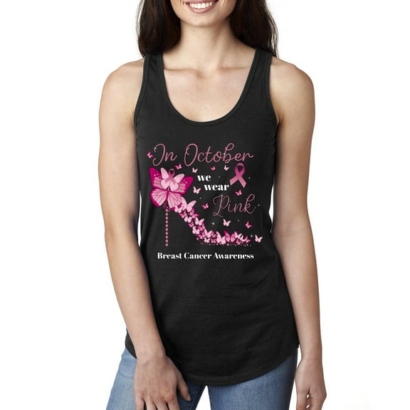 Wild Bobby In October We Wear Pink Diamond Heel Breast Cancer Awareness Women Racerback Tank Top, Black, Small