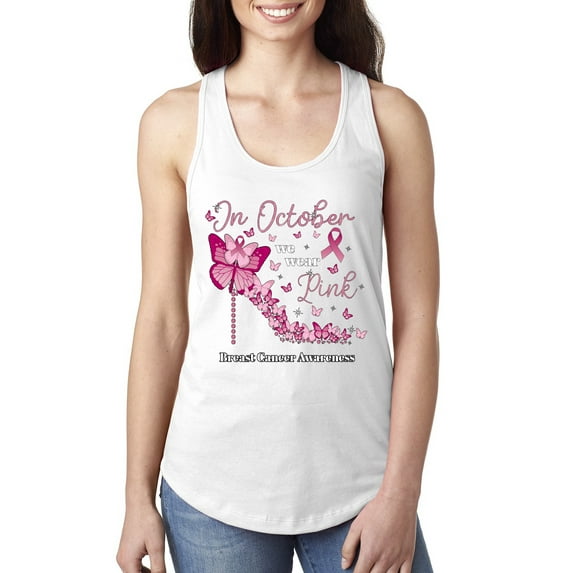 Wild Bobby In October We Wear Pink Diamond Heel Breast Cancer Awareness Women Racerback Tank Top, White, Large