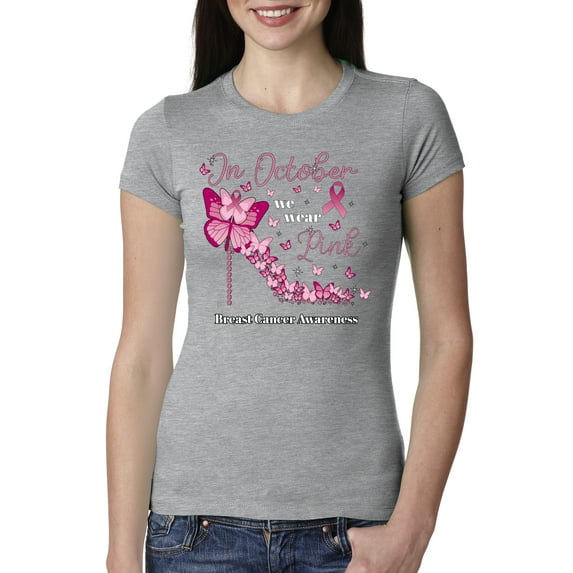 Wild Bobby In October We Wear Pink Diamond Heel Breast Cancer Awareness Women Slim Fit Junior Tee, Heather Grey, Small