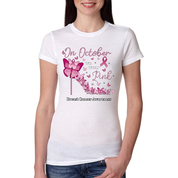 Wild Bobby In October We Wear Pink Diamond Heel Breast Cancer Awareness Women Slim Fit Junior Tee, White, Small
