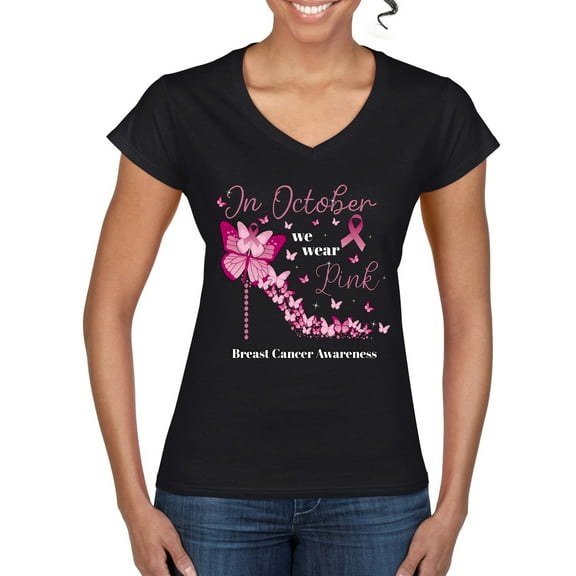 Wild Bobby In October We Wear Pink Diamond Heel Breast Cancer Awareness Women Standard V-Neck Tee, Black, Small
