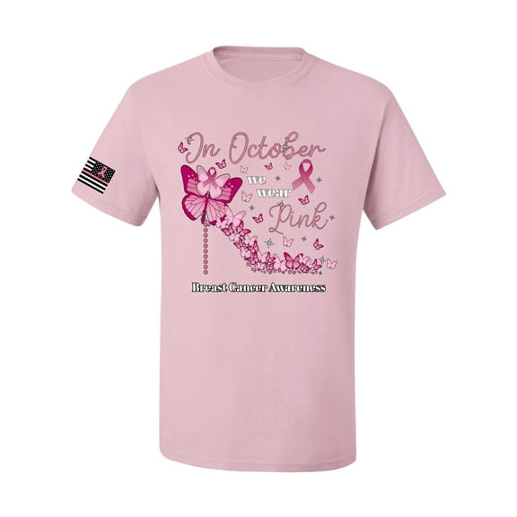 Wild Bobby In October We Wear Pink Diamond Heel US Flag Breast Cancer Awareness Men Tee, Light Pink, 4X-Large