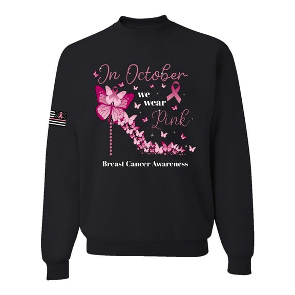 Wild Bobby In October We Wear Pink Diamond Heel US Flag Breast Cancer Awareness Unisex Crewneck Sweatshirt, Black, XX-Large