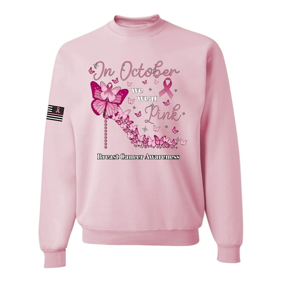 Wild Bobby In October We Wear Pink Diamond Heel US Flag Breast Cancer Awareness Unisex Crewneck Sweatshirt, Light Pink, Large