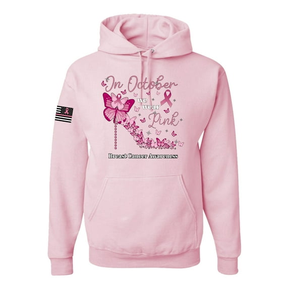 Wild Bobby In October We Wear Pink Diamond Heel US Flag Breast Cancer Awareness Unisex Hoodie Sweatshirt, Light Pink, Large