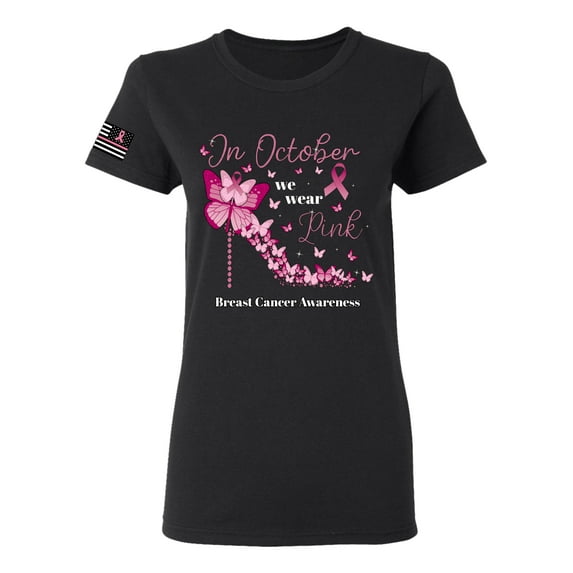 Wild Bobby In October We Wear Pink Diamond Heel US Flag Breast Cancer Awareness Women Graphic Tee, Black, 3X-Large