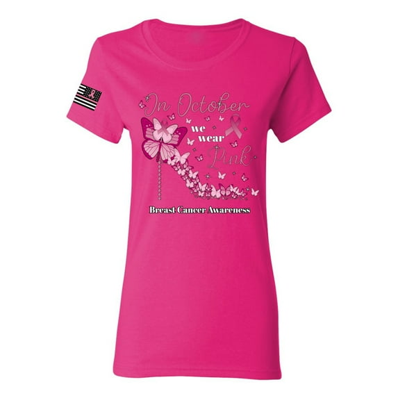 Wild Bobby In October We Wear Pink Diamond Heel US Flag Breast Cancer Awareness Women Graphic Tee, Fuschia, Large