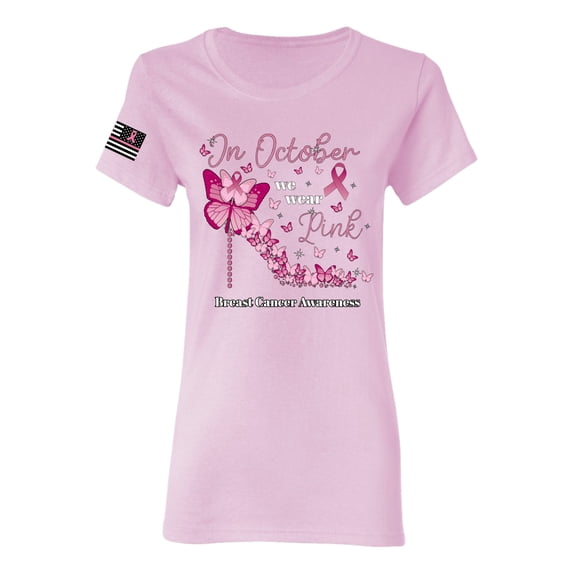 Wild Bobby In October We Wear Pink Diamond Heel US Flag Breast Cancer Awareness Women Graphic Tee, Light Pink, X-Large
