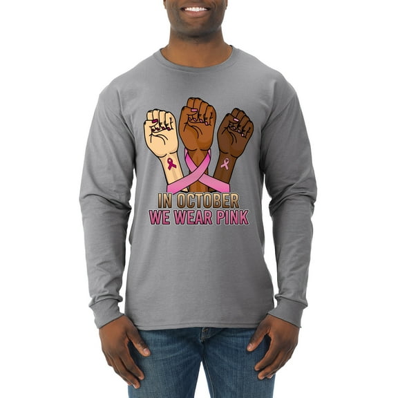 Wild Bobby In October We Wear Pink Protest Fists Breast Cancer Awareness Men Long Sleeve Shirt, Heather Grey, Medium