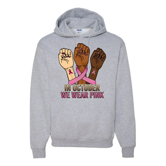 Wild Bobby In October We Wear Pink Protest Fists Breast Cancer Awareness Unisex Hoodie Sweatshirt, Heather Grey, Small