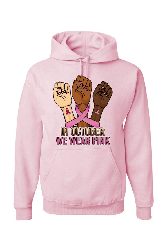 In October We Wear Pink Protest Fists Breast Cancer Awareness Unisex Hoodie Sweatshirt, Light Pink, X-Large